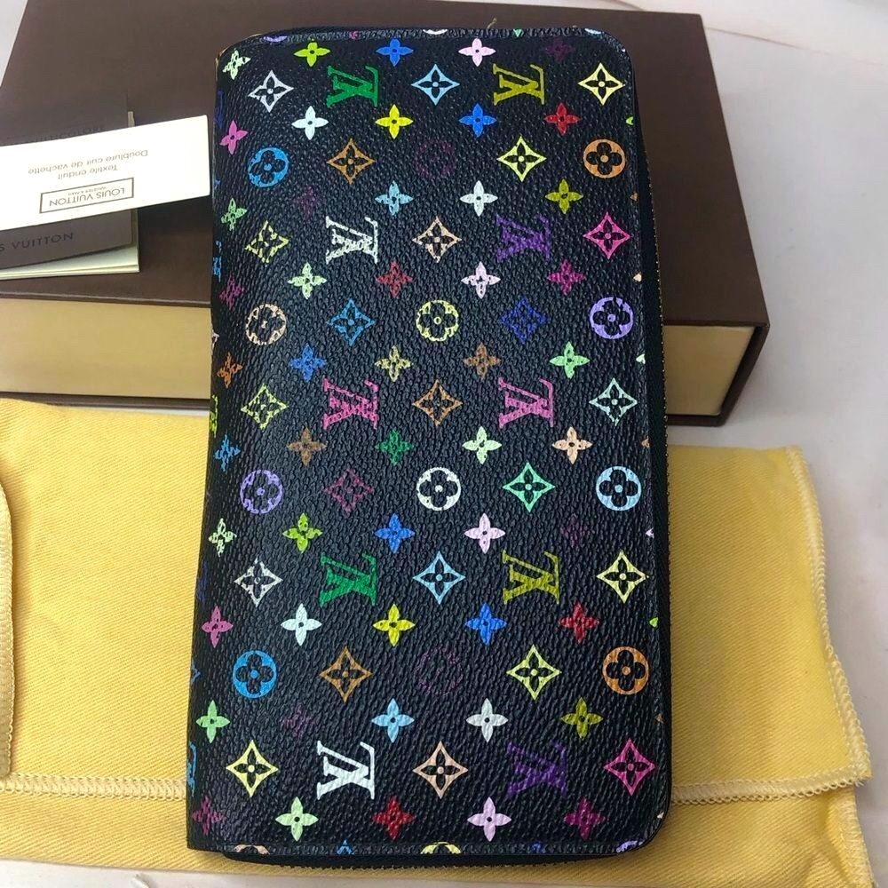LOUIS VUITTON TAKASHI MURAKAMI Black Monogram Multi-Color Long Wallet + LV Box - Picture 5 of 17